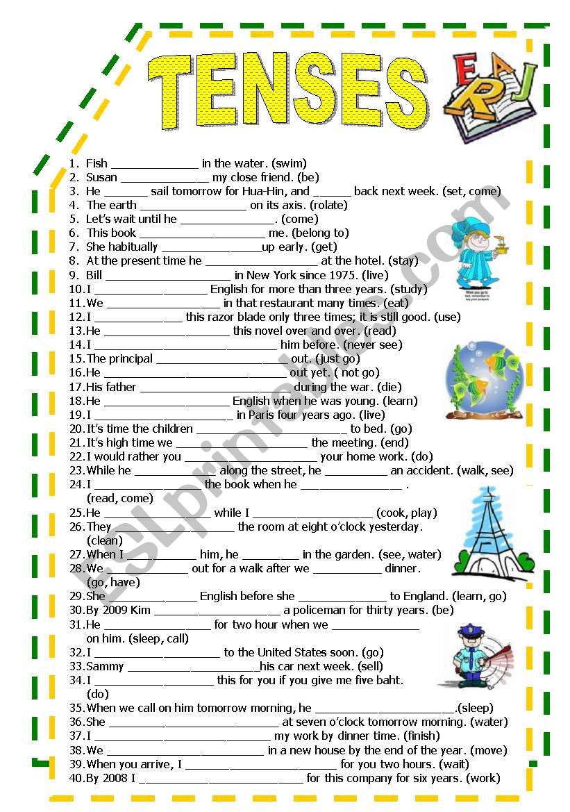 esl worksheets tenses